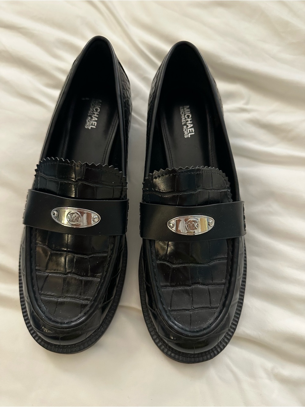 Michael Kors Black Croc-Embossed Leather Penny Loafers with Silver Plaque